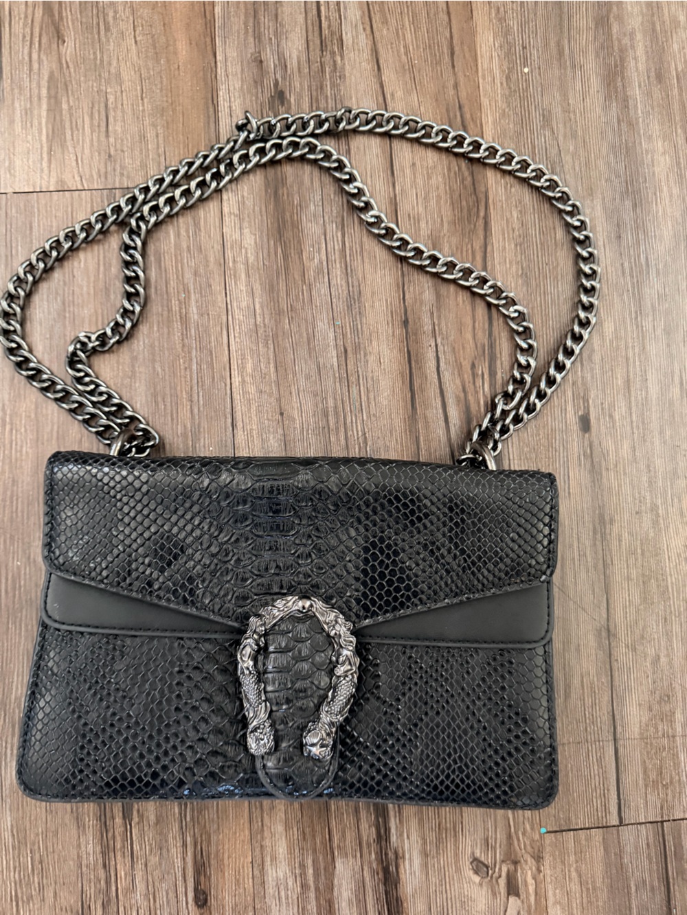 Black Textured Chain Shoulder Bag with Silver Hardware